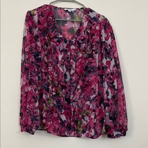 Chico's Pink and Purple Puff Sleeve Ruffled Blouse